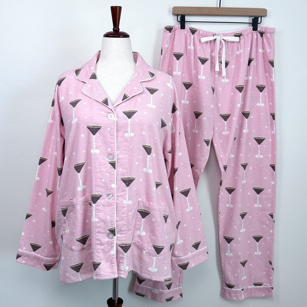PJ Salvage Pink Cotton Flannel Espresso Martini Cocktail Matching Pajama Set XL
